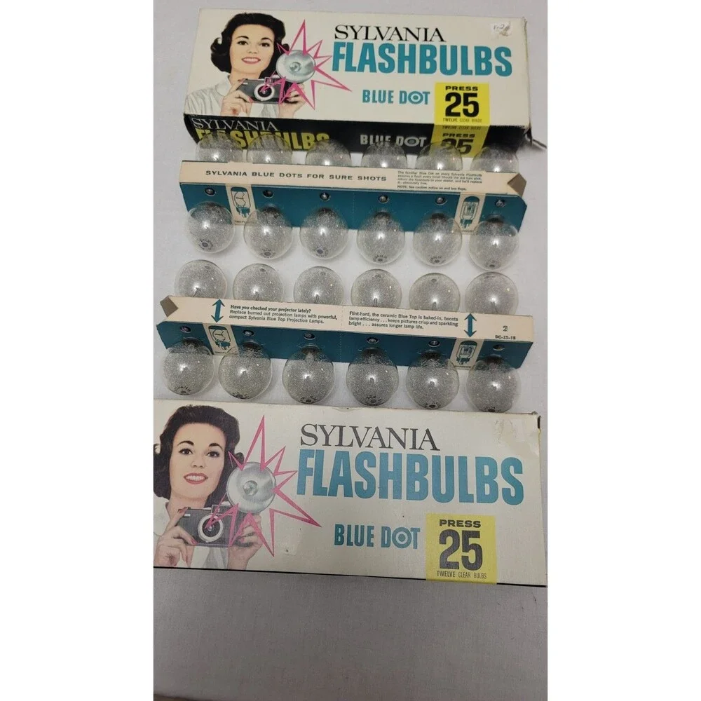 Lot of 3 NOS Box of 12 Sylvania Blue Dot Press 25B Blue Flashbulbs - Boxes Dmg
